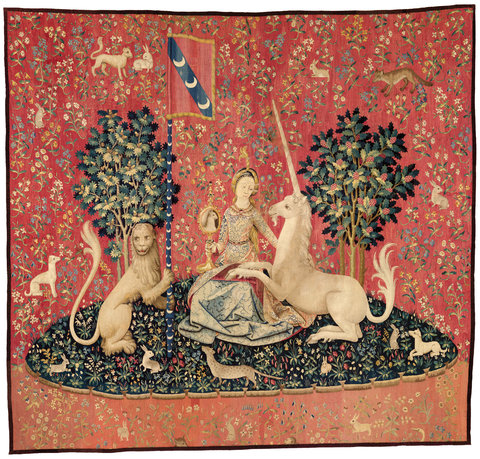 Uma das muitas tapeçarias trouxas retratando uma Dama e um Unicórnio.